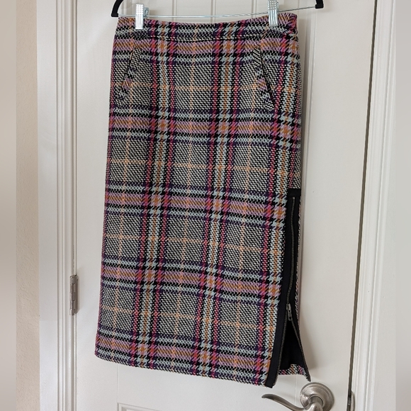 Halogen Colorful Plaid Tweed Pencil Skirt with Side Slit - Picture 2 of 11